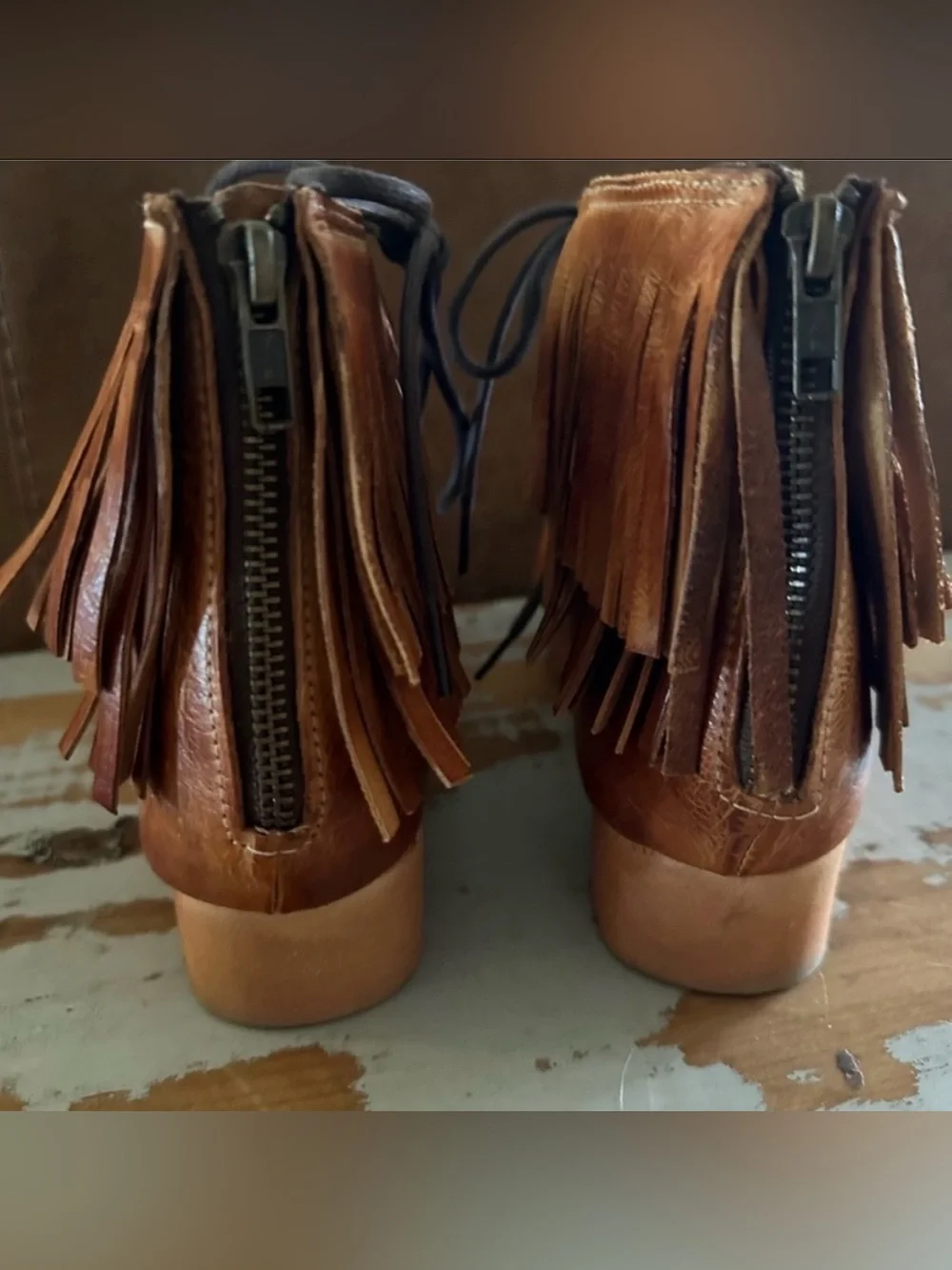 Rare BED STU Sandals MADISON Boho Platform Cognac Fringe Size 7.5